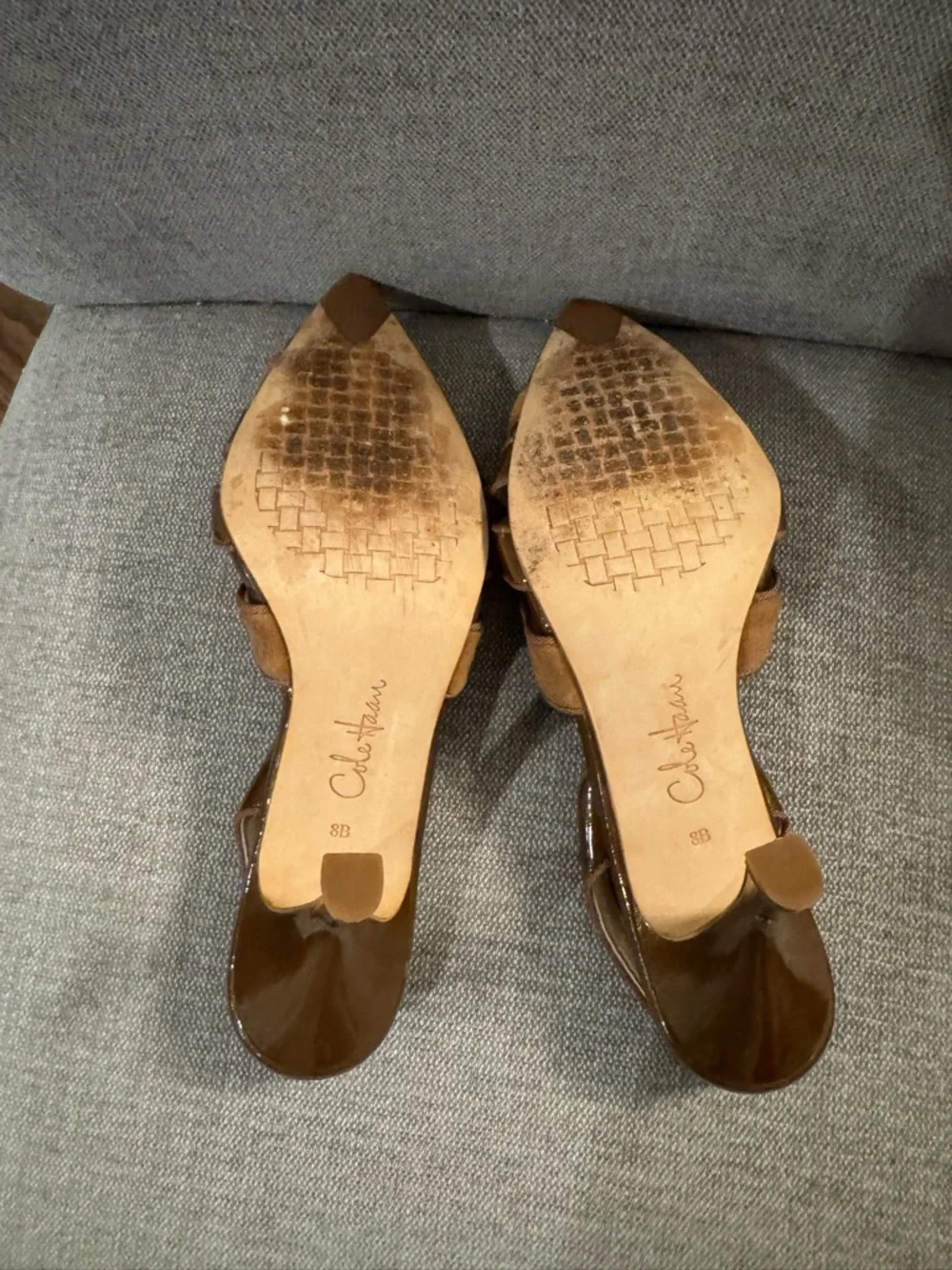 Cole Haan Brown Patent Leather Slingback Heels Size 8 Pointed Toe Suede Strappy - Picture 8 of 8